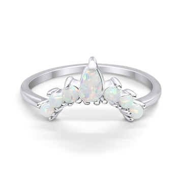 Curved Band Thumb Ring Pear Lab Created White Opal Round 925 Sterling Silver